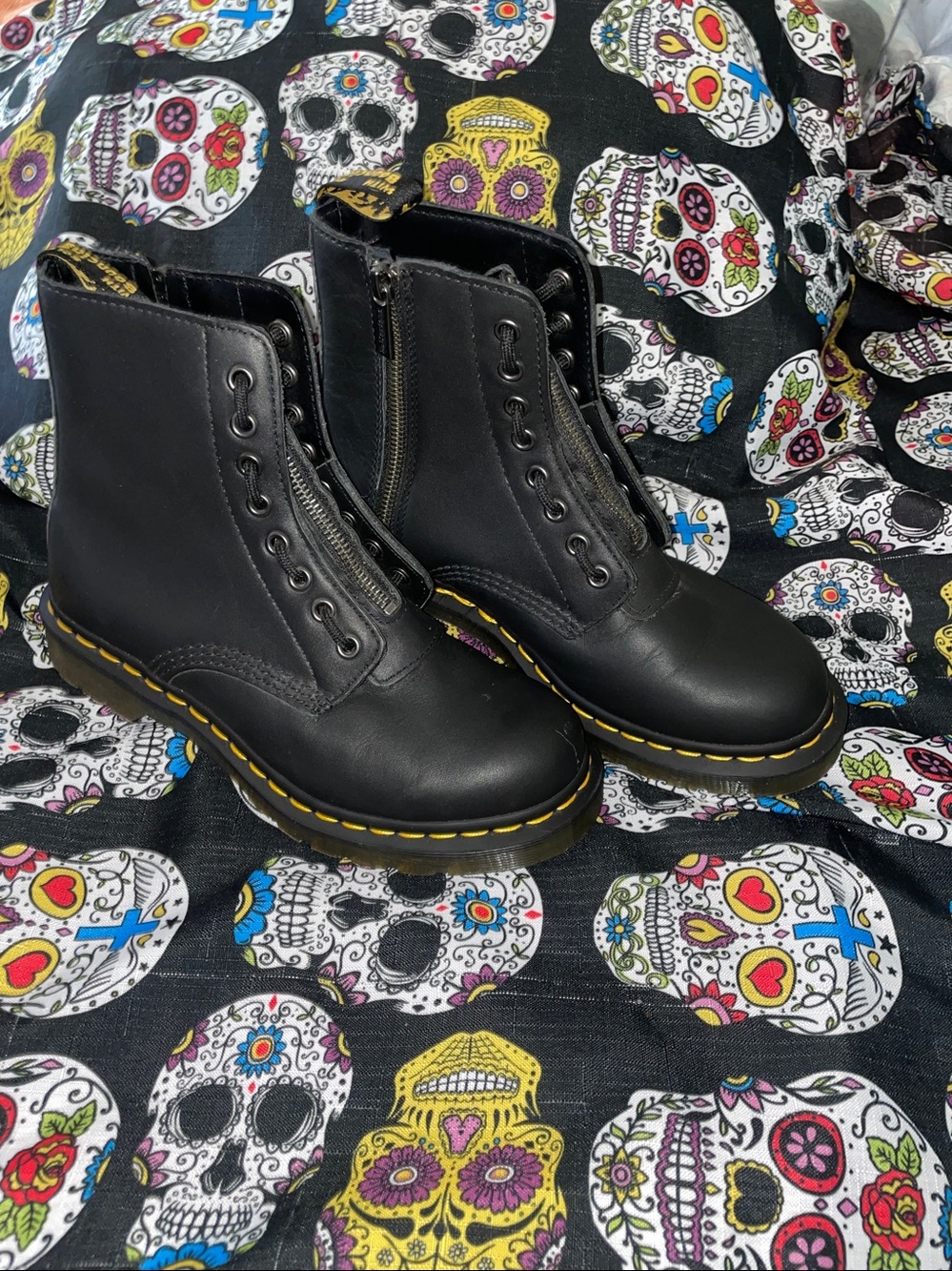 Dr. Martens Black Ladies Leather  Lace-Up Boots with Yellow Welt Stitching
